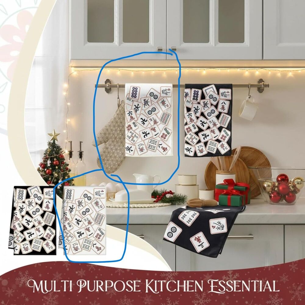 White Mahjong Kitchen Towels - Set of 2 White Tile Print - NWOT